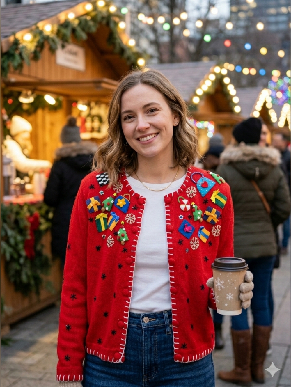 Festive Red Cardigan Sweater with Holiday Embellishments